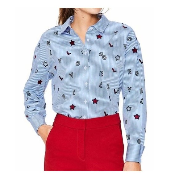 Boden Maria Lovely Embroidered Blue Striped Collared Long Sleeve Blouse S/M - Picture 1 of 11
